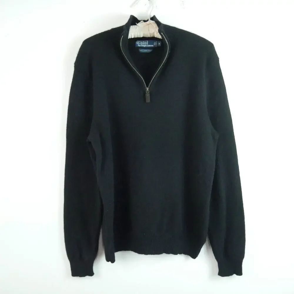 Vintage Polo Ralph Lauren Men's Medium 1/4 Zip Mockneck Wool‎ Sweater 90s Black